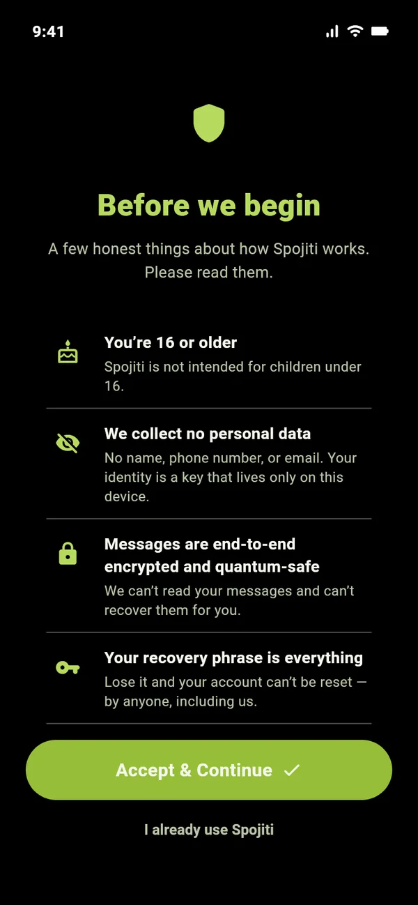 Signing up to Spojiti on an iPhone: one screen, one tap